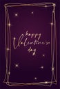 Valentine`s day greeting card banner invitation flyer brochure. dark purple and gold luxury rich style. heart shape shiny stars