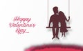 Valentine`s day greeting card banner with romantic couple swing silhouette paper cut style