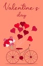 Valentine\'s Day greeting card with bicycle, balloons and flowers.