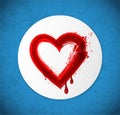 Valentine`s Day greeting card with big red blood grunge heart in white circle on blue background. Royalty Free Stock Photo