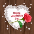 Valentine`s day greeting card, a card with a heart-shaped frame and a realistic rose on a wooden background. Vector illustration Royalty Free Stock Photo