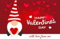 Valentine's day greeting card. Cartoon cute gnome with red heart. Falling hearts on background. Vector illustration