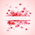 Valentine`s day greeting card. Confetti glossy red heart on pink background with frame and lettering Happy Valentines day. Vector Royalty Free Stock Photo