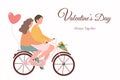 Valentine's day greeting card, couple on date, cycling, bike riding. Love, ballon and flowers Royalty Free Stock Photo