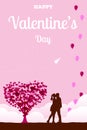 Valentine`s Day greeting card with couple in love and tree of hearts. A man and a woman hug and kiss on a background of clouds,