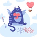 Valentine's Day greeting card, Cupid Cat Heaving a Break on the Cloud with Cupid Arrow and heart. Vector flat Royalty Free Stock Photo