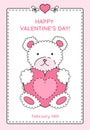 Valentine\'s Day greeting card with cute drawing of a teddy bear with pink heart in its hands, gift, postcard, banner