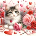 Valentine\'s Day greeting card with a cute kitten, roses, and hearts. Generative AI