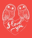 Valentine'S Day Greeting Card With Cute Owls And Heart On Red Background. Royalty Free Stock Photo