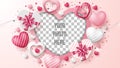 Valentine`s day greeting card with 3D hearts, shining lights, gift box, and empty layer to place your photo. Royalty Free Stock Photo