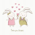 Valentine`s day greeting card, Declaration of love. Cute cartoon Bunny boy gives heart to girl. A happy little Bunny Royalty Free Stock Photo