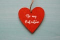 Valentine`s Day greeting card.Decorative red heart with text Be My Valentine on a blue wooden background.February 14 concept. Royalty Free Stock Photo