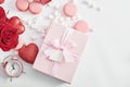 Valentine`s day greeting card. Flowers and gifts boxes on white background. Happy birthday and mother`s day template Royalty Free Stock Photo