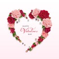 Valentine\'s day greeting card with pink and burgundy roses laid out in the shape of a heart