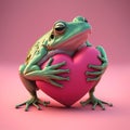 Valentine's Day greeting card with frog holding heart. Romantic frog offers love by hugging heart. Generative AI. Royalty Free Stock Photo