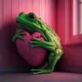 Valentine's Day greeting card with frog holding heart. Romantic frog offers love by hugging heart. Generative AI. Royalty Free Stock Photo