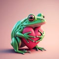 Valentine's Day greeting card with frog holding heart. Romantic frog offers love by hugging heart. Generative AI. Royalty Free Stock Photo