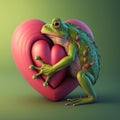 Valentine's Day greeting card with frog holding heart. Romantic frog offers love by hugging heart. Generative AI. Royalty Free Stock Photo