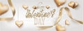 Valentine`s Day greeting card with gold hearts and ribbons. Royalty Free Stock Photo