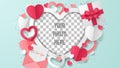 Valentine`s day greeting card with heart shape, envelope, gift box and empty layer to place your photo. Paper cut style. Royalty Free Stock Photo