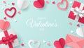 Valentine`s day greeting card with heart shape, envelope and gift box. Paper cut style. Royalty Free Stock Photo