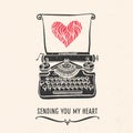 Valentine's day greeting card with lettering, typewriter, heart