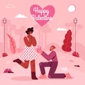 Valentine`s Day greeting card. Man Kneeling Offering Engagement Ring to his Girlfriend. modern flat style vector illustration