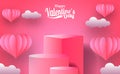 Valentine`s day greeting card marketing promotion banner with empty stage podium product display with pink hearth paper cut style