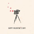 Valentine's day greeting card with old vintage camera, hearts Royalty Free Stock Photo