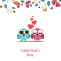 Valentines Day greeting card with owls couple.