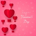 Valentine`s day greeting card with paper cut red heart shape balloon flying on pink background with hearts. Vector illustration Royalty Free Stock Photo