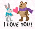Valentine`s day greeting card with rabbit and bear