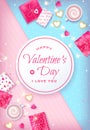 Valentine`s Day Greeting Card with realistic gifts, cups of coffee, cookies, garlands, heart-shaped candies. On abstract pink and