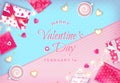 Valentine`s Day Greeting Card with realistic gifts, cups of coffee, cookies, garlands, heart-shaped candies.