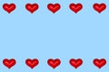 Valentine`s Day greeting card. Red hearts in a row on a blue background. A frame of hearts. Copy space