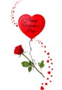 Valentine`s day greeting card with red rose on red heart balloon Royalty Free Stock Photo