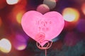 Valentine`s Day greeting card in the shape of a pink heart with an inscription love you in a stand made of pink flamingo