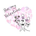 Valentine`s day greeting card. A simple cute color mouse with a love letter and flowers. Doodle. For postcard, logo, badges,