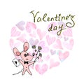 Valentines day greeting card. A simple cute color mouse with a love letter and flowers. Doodle. For postcard, logo, badges,