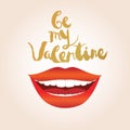 Valentine's day greeting card. Smiling woman with red lips and white teeth lips