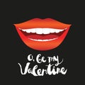 Valentine's day greeting card. Smiling woman with red lips and white teeth