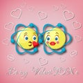 Valentine`s day greeting card template with two kissing atom emoticons and text Be my Valentine on pink background.