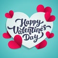 Valentine s Day greeting card. 14th of february. Happy Valentines Day Lettering with cut paper hearts on blue background Royalty Free Stock Photo