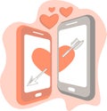 Valentines day greeting card with two phones and arrow pierced heart