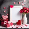 Valentine's day greeting card. White frame, red hearts, gift box and flowers in vase on black. Royalty Free Stock Photo