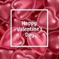 Valentine`s day greeting card with white square frame and three-dimensional 3D hearts on background, vector illustration Royalty Free Stock Photo