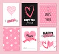 Valentine`s day greeting cards with hearts and symbol decoration for invitation, flyer, posters, tag, banner