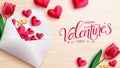 Valentine`s day greeting vector design. Happy valentines day text with envelope, hearts and tulips romantic element for love. Royalty Free Stock Photo