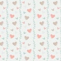 Seamless pattern with light color hearts and leaves on light background