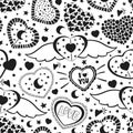 Valentine`s Day hand drawn seamless pattern of cute hearts shape with stars, moon, text. Romantic doodle sketch vector. Decorativ Royalty Free Stock Photo